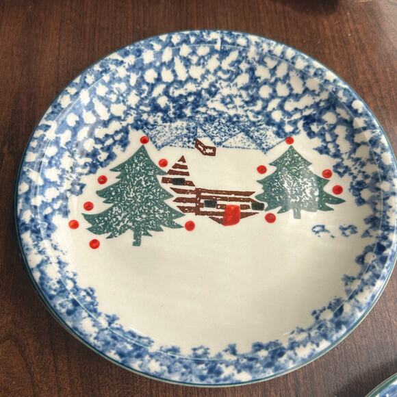 4 Cabin In The Snow by TIENSHAN Christmas plates folk craft - Picture 3 of 8